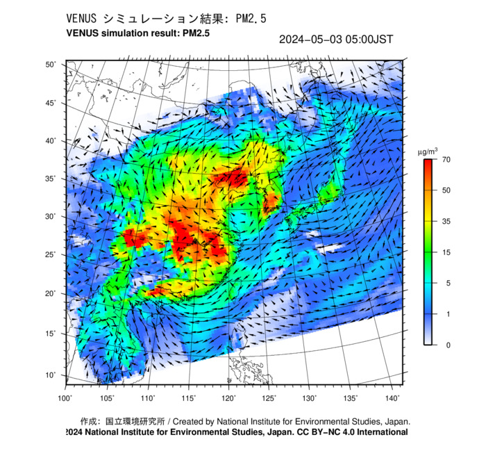 VENUS PM2.5 直近時刻の東アジア地域の予測画像